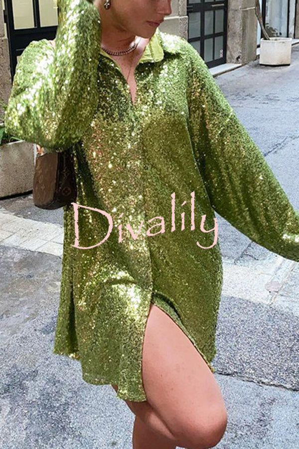 Solid Color Sequined Long-sleeved Casual Mid-length Loose Shirt