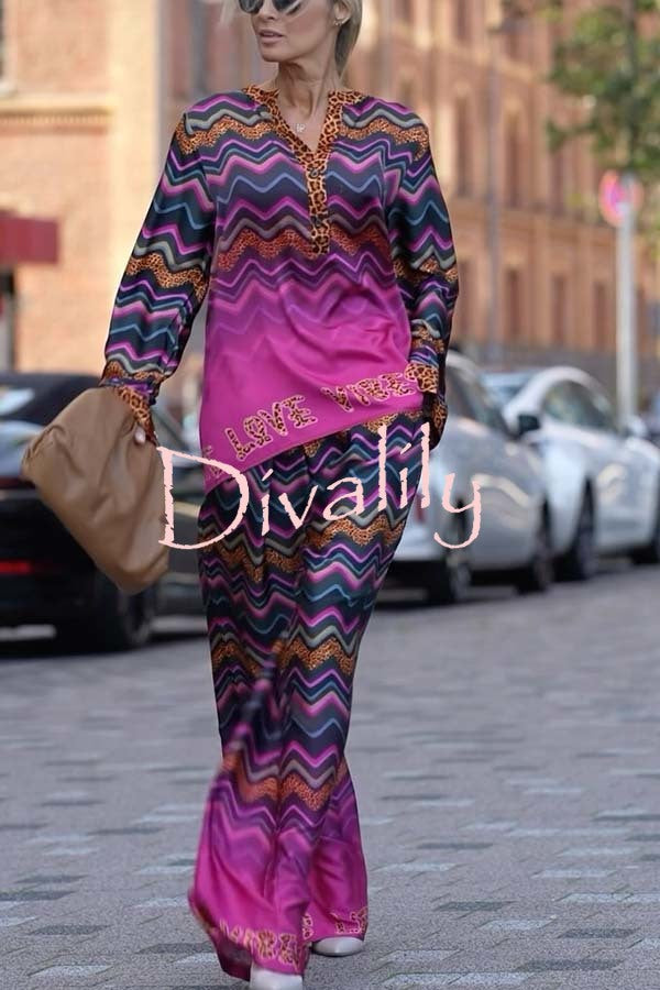 Coreen Leopard Colorful Wave Print Long Sleeve Shirt and Elastic Waist Pocket Pants Set