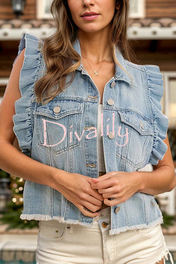 Stylish Lapel Single-breasted Ruffle Sleeve Loose Denim Jacket