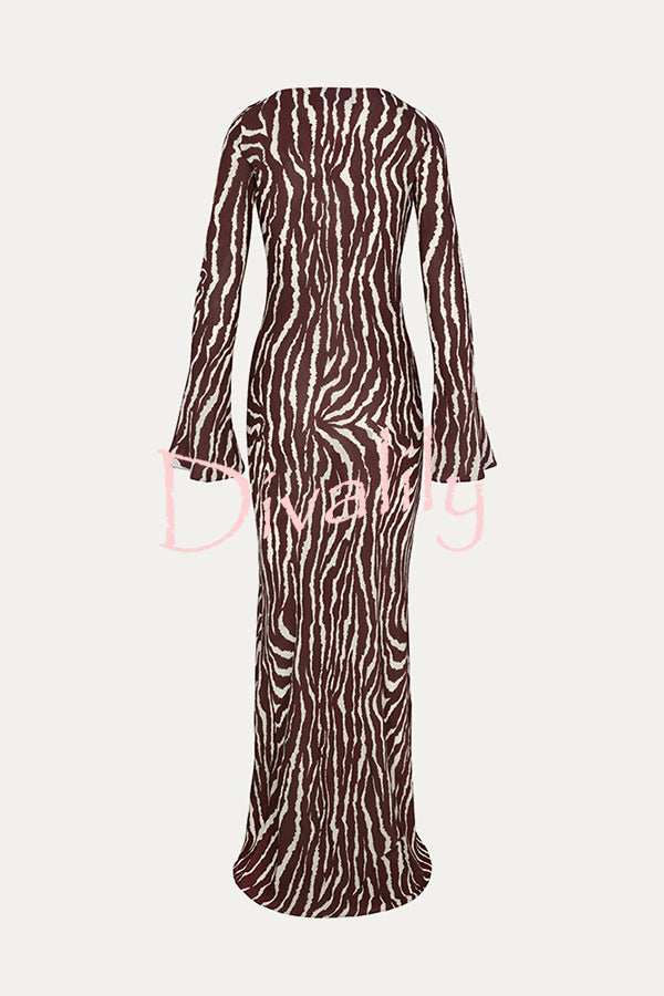 Gia Unique Print Boat Neck Long Bell Sleeve Bias Cut Maxi Dress