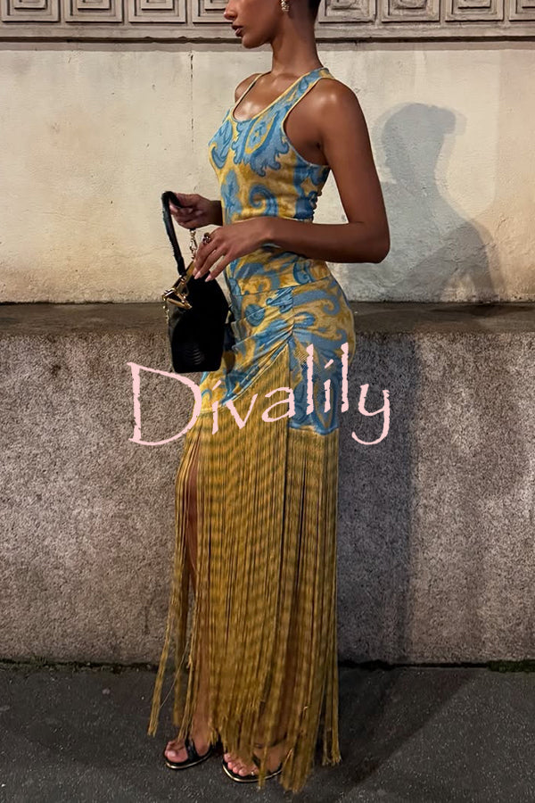 Unique Print Sleeveless Fitted Fringed Hem Maxi Dress