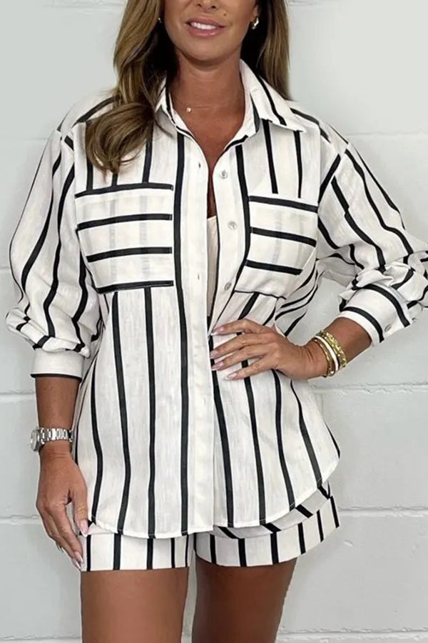 Stripe Print Lapel Long-sleeved Shirt and Elastic Waist Loose Shorts Set