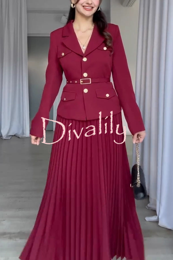 Solid Color Lapel Button Belt Blazer and Pleated Casual Maxi Skirt Set