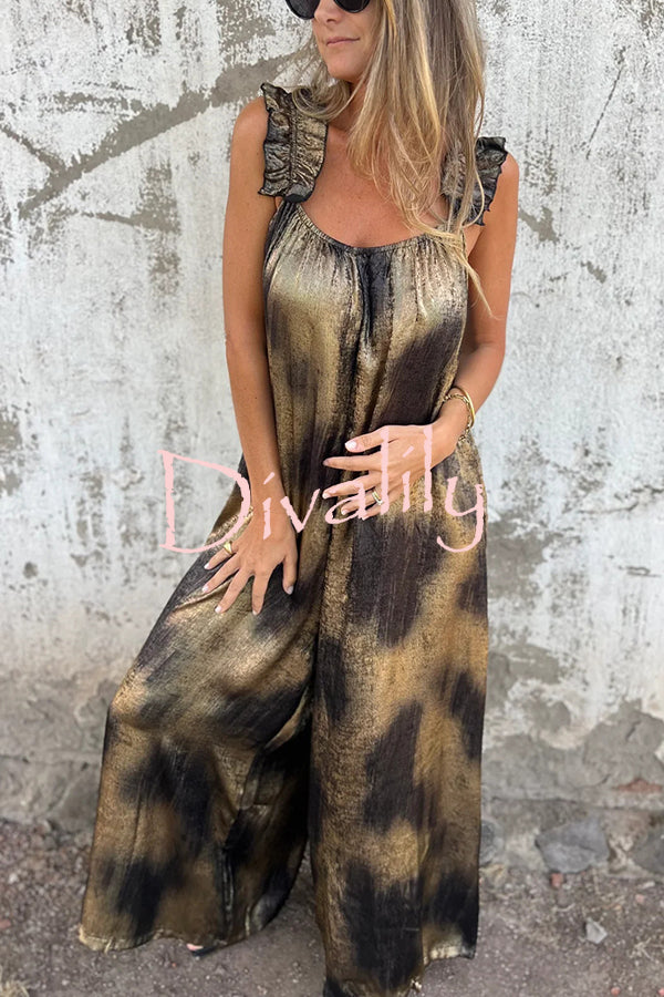 Fashionable Gold-stamped Suspenders Loose Pocket Wide-leg Jumpsuit