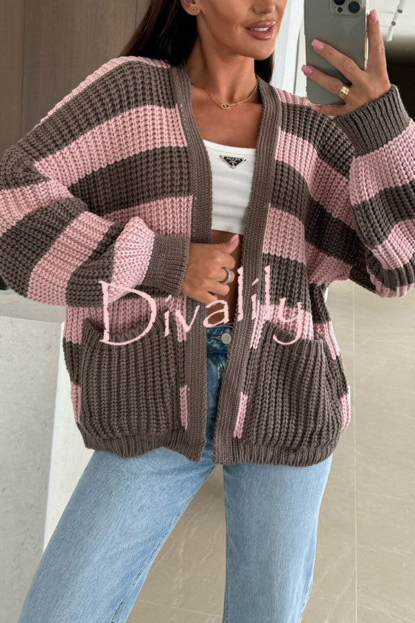 Fashionable Patchwork Striped Casual Pocket Knitted Sweater