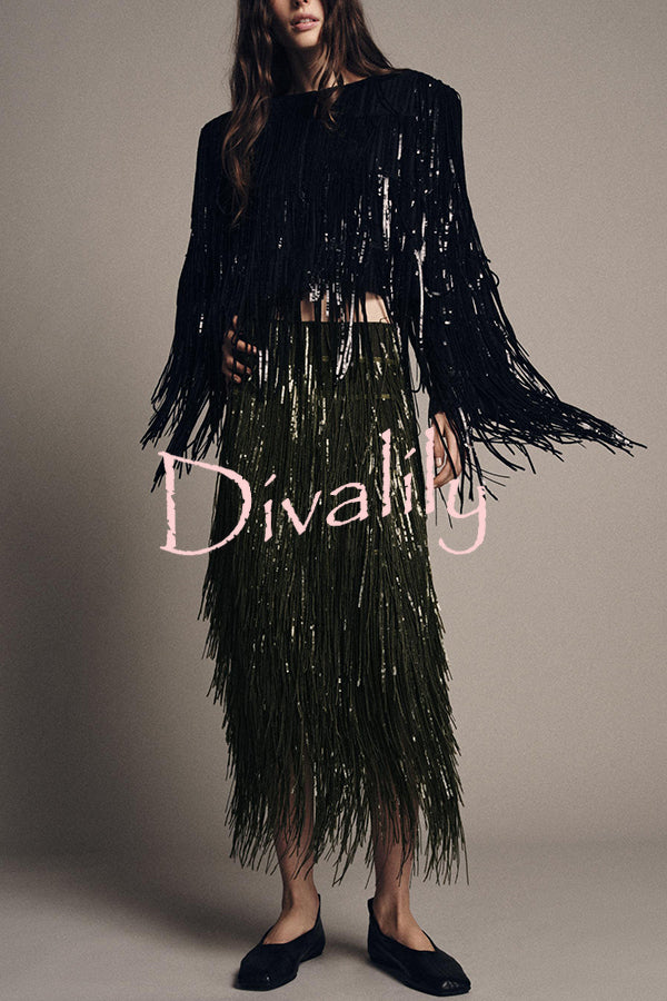 Stylish Sequined Tassel Elegant Midi Skirt