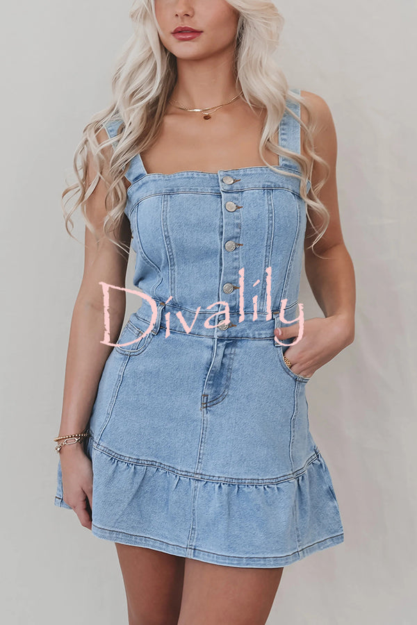 Solid Square Neck Suspender Button Pocket Denim Mini Dress