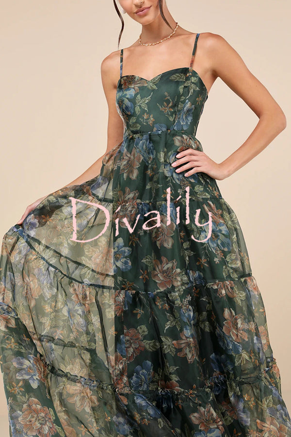 Exclusive Glamour Organza Floral Print Tiered Slip Maxi Dress