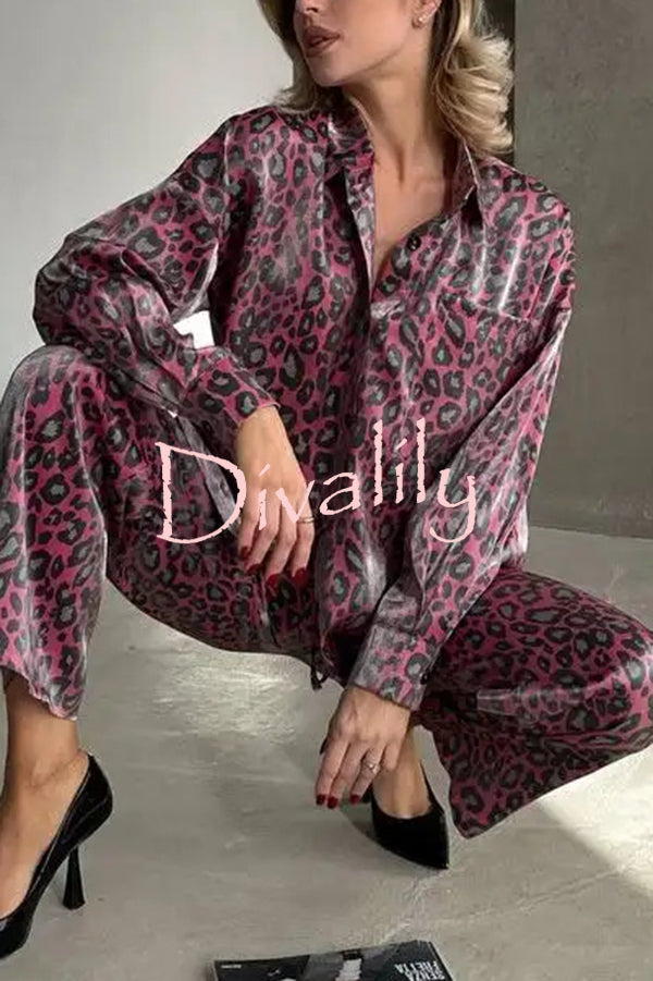 Leopard Print Long-sleeved Casual Top and Loose Elastic Waist Tie Pants Set