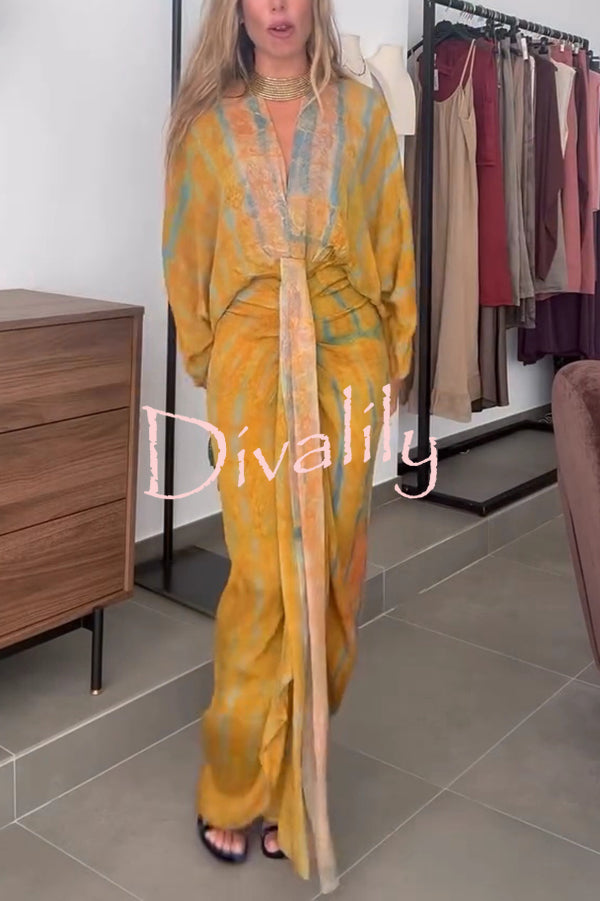 Unique Printed V-neck High-waisted Loose-fitting Holiday Maxi Dress