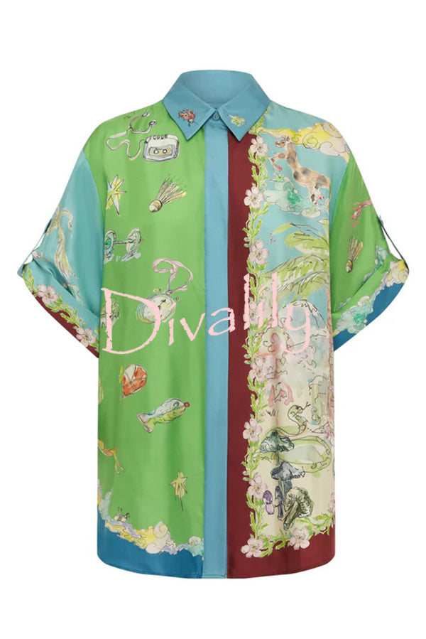 Unique Printed Lapel Short-sleeved Loose Shirt and Elastic Waist Tie Wide-leg Pants Set