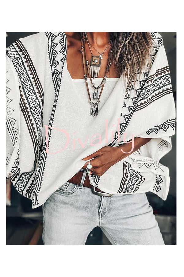 Stay and Chat Linen Blend Ethnic Print Dolman Sleeve Loose Top