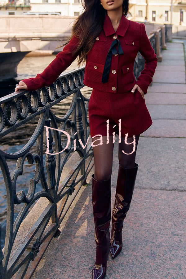 Sweet Dreams Tweed Bow Neck Button Long Sleeve Pocket Crop Jacket