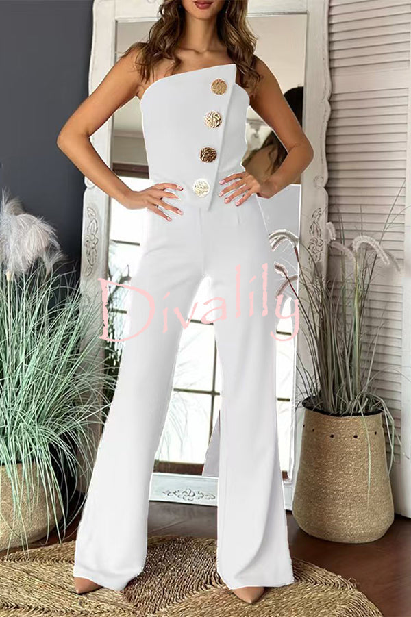 Solid Color Sexy Tube Top Gold Button Embellished Bootcut Jumpsuit