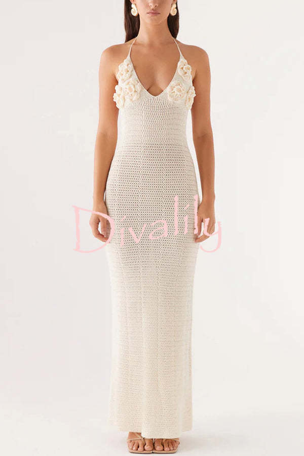 Olivia Crochet Knit Rose Texture Backless Stretch Maxi Dress