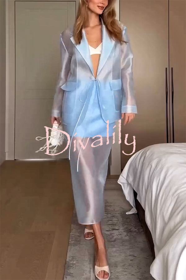 Simple and Light See-through Fabric Tie-up Long Sleeve Pocket Lapel Blazer