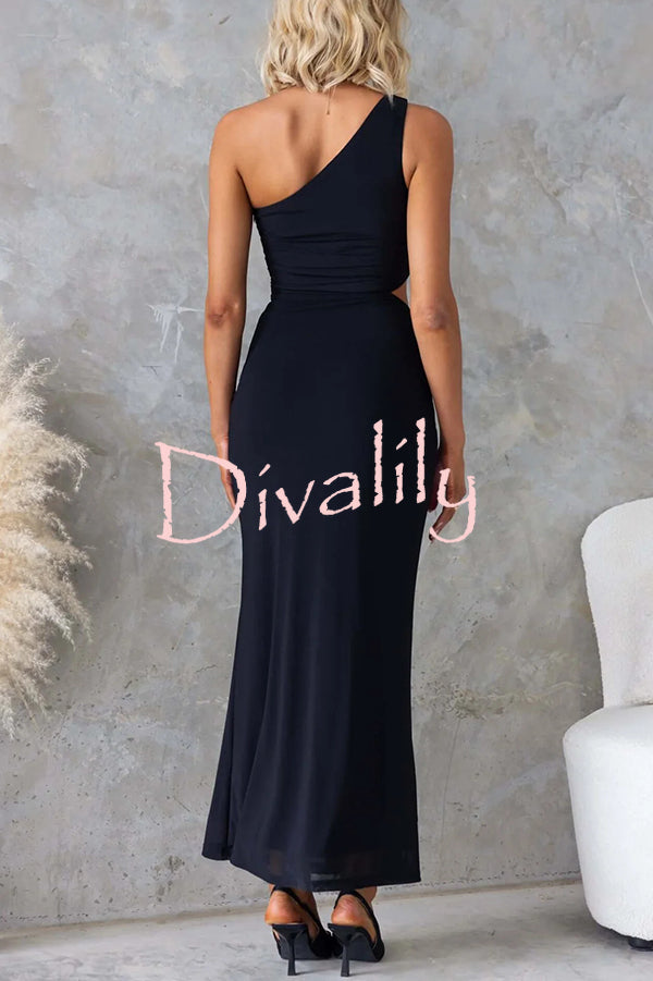 Solid Color Elegant Mesh One Shoulder Sexy Waist Hollow Out Maxi Dress