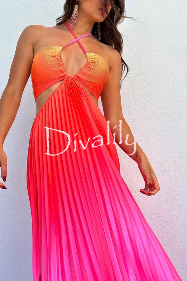 Get Ready Beautiful Gradient Print Cutout Halterneck Pleated Maxi Dress