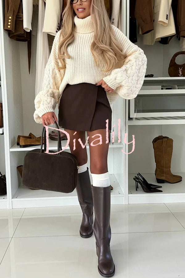 Stylish and Comfortable Ribbed Knit Turtleneck Cable Sleeve Loose Sweater