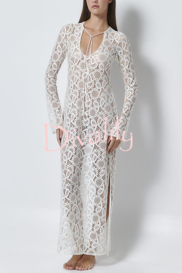 Santorini Sunset Floral Lace Long Sleeve Slit Vacation Maxi Dress