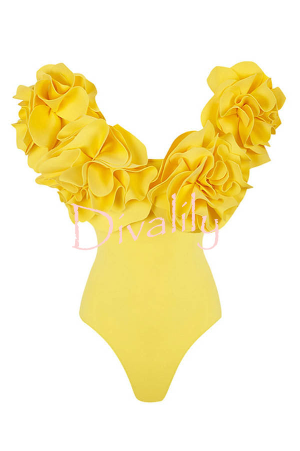 Solid Color 3D Flower Stretch One-piece Swimsuit