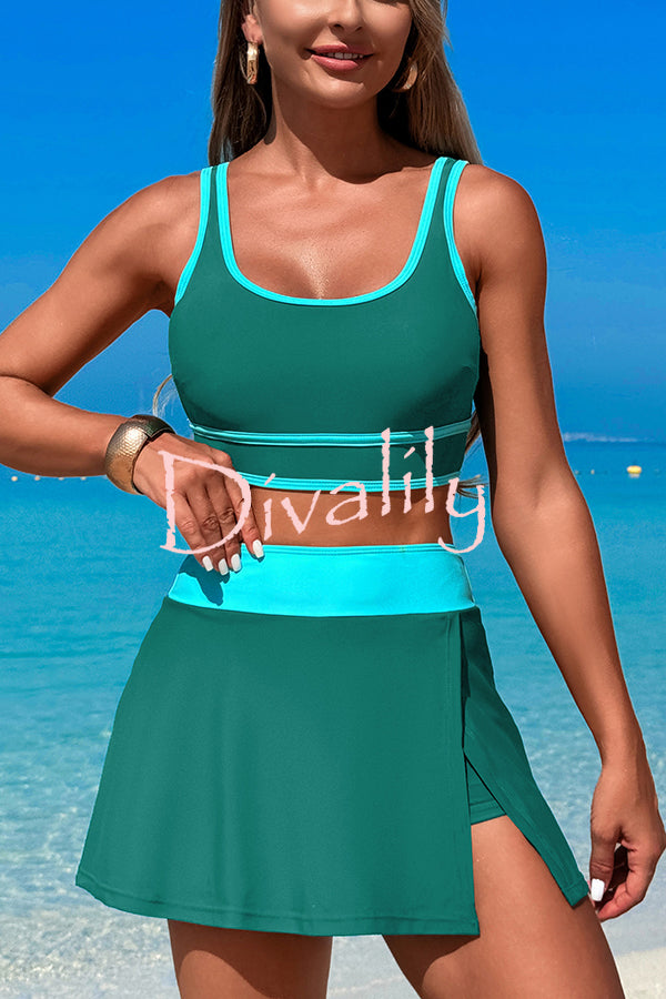 Fashion Contrast Color Stretch Sports Two-piece Bikini Swimsuit