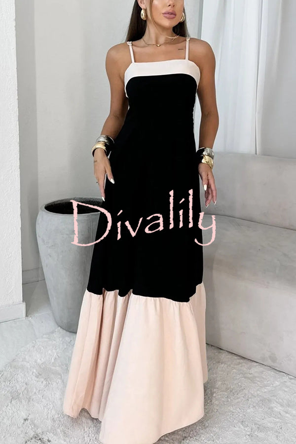 Fashionable Contrast Color Stitching Sling Maxi Dress