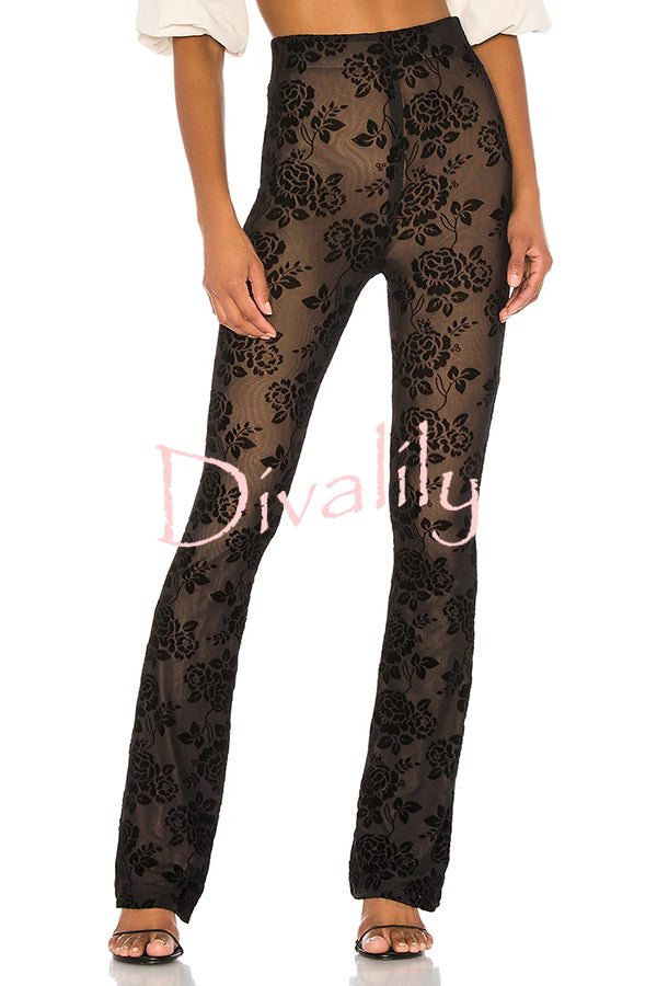 Romance Detail Flower Pattern Mesh Elastic Waist Stretch Flare Pants