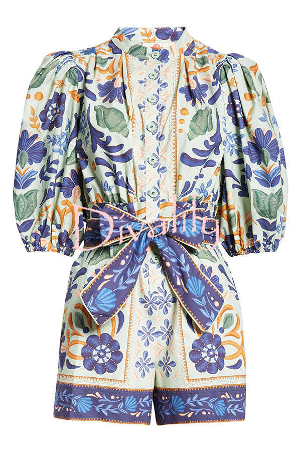 Elouise Linen Blend Unique Print Button Puff Sleeves Tie-up Pocketed Romper