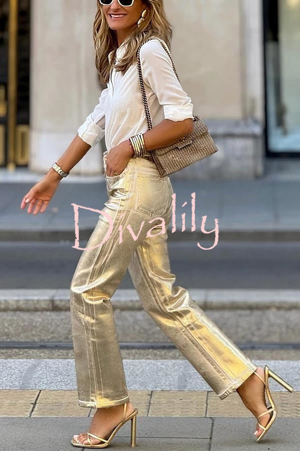 Infinite Ideas Retro Metallic Fabric High Waist Pocketed Straight Pants