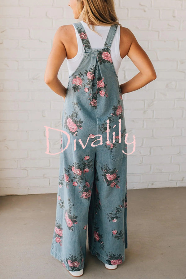 Fashion Floral Print Casual Button Pocket Loose Denim Overalls