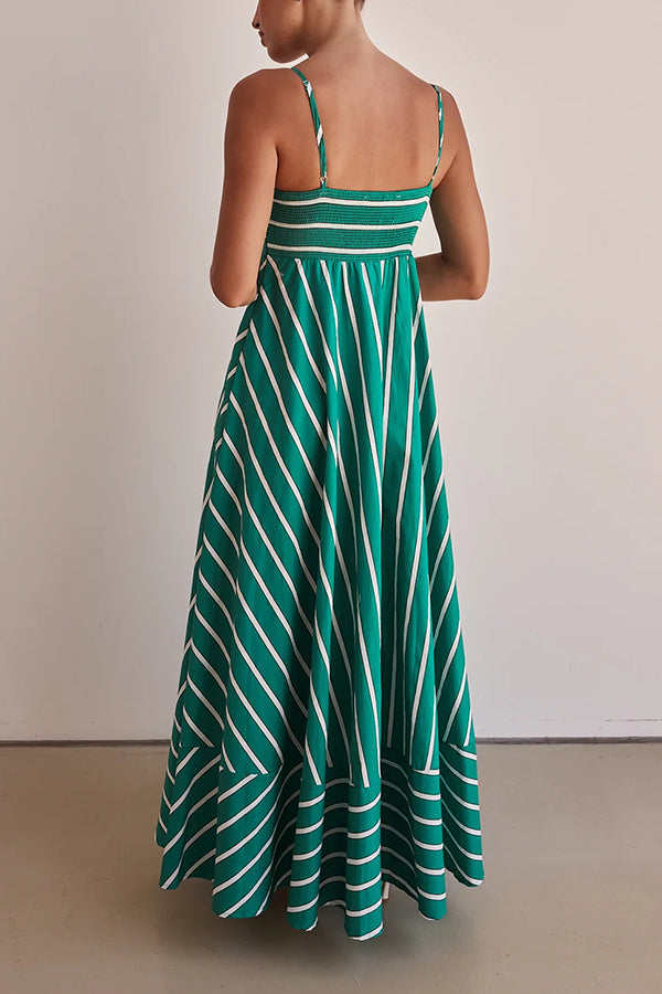 Stripe Print Sling Backless Pleated Maxi Dress