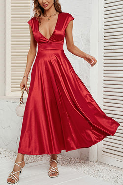 Satin Solid Color Sleeveless V-neck Pocket Maxi Dress