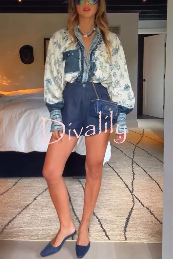 Bohemian Elegant Satin Contrast Color Unique Print Button Up Pocket Loose Blouse