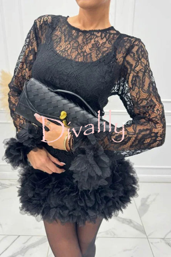 Alyssa Lace Fabric Tulle Layered Petals Trim Long Sleeve Mini Dress