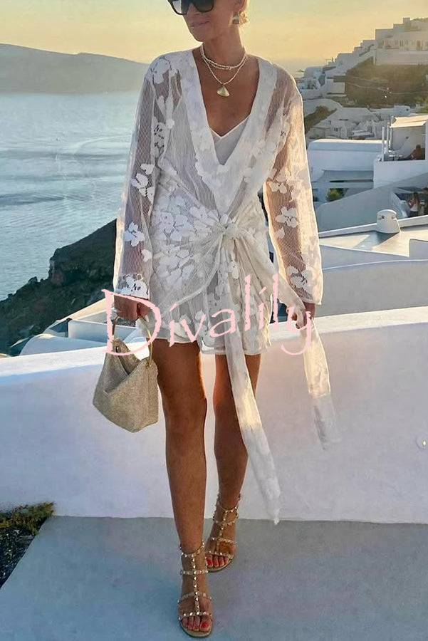 Beach Elegance Floral Lace Long Sleeve Wrap Tie-up Vacation Mini Dress