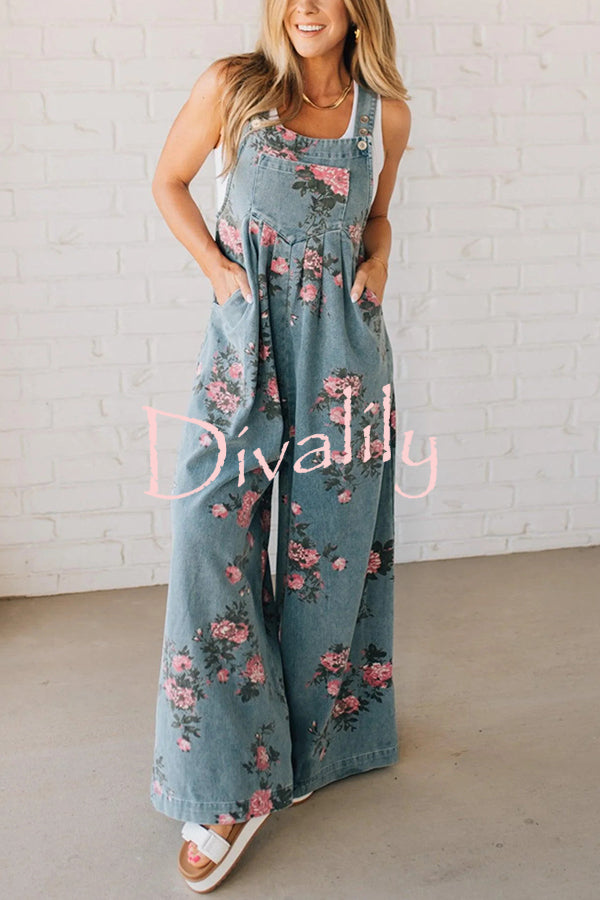 Fashion Floral Print Casual Button Pocket Loose Denim Overalls