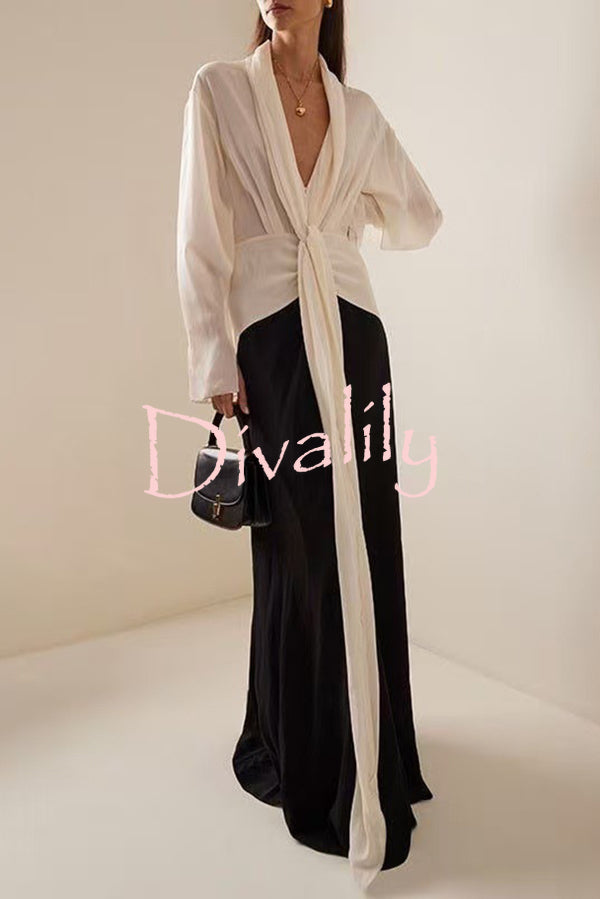 Fashion Contrast Color V-neck Tie High Waist Drape Maxi Dress