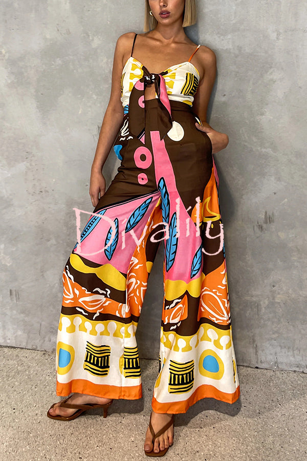 Unique Printed Suspenders Hollow Waist Wide-leg Jumpsuit