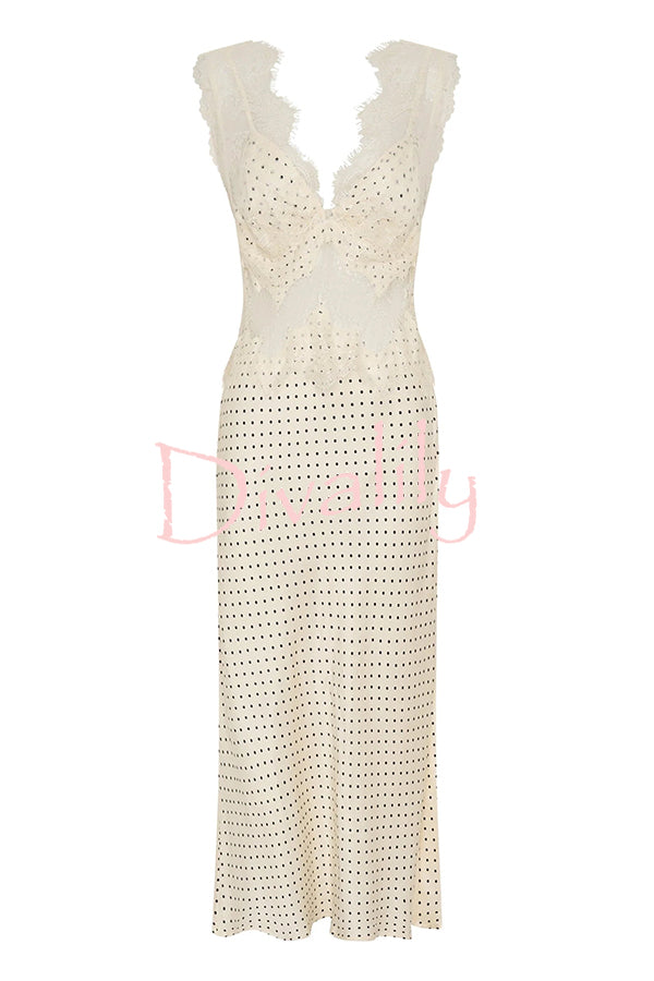 Wonderful Fusion Satin Lace Trim Poka Dot V-neck Drape Maxi Dress