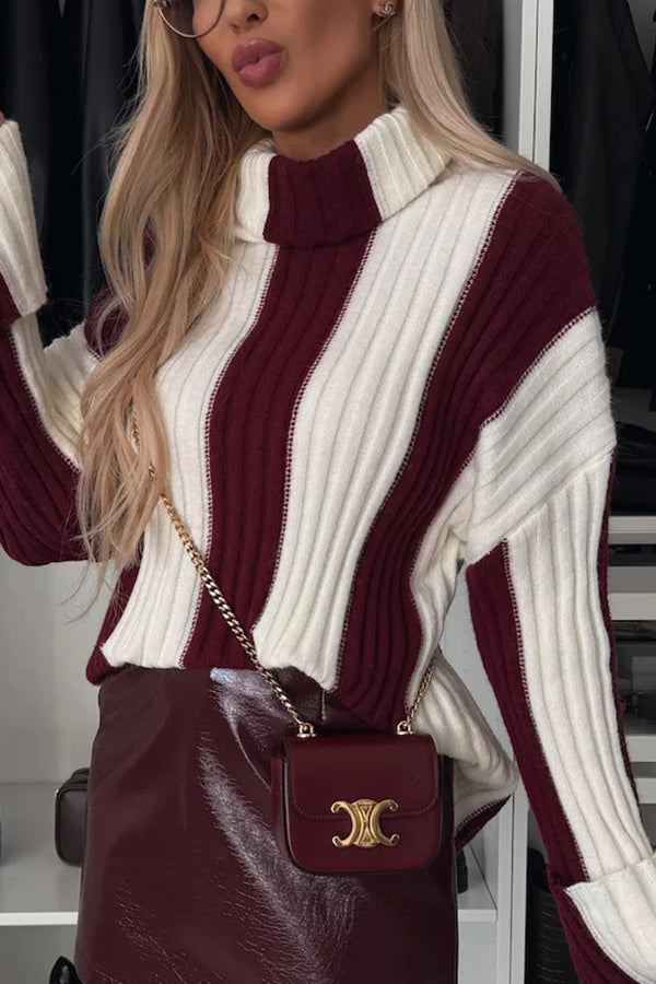 Comfort and Warmth Knit Color Block Long Sleeve Turtleneck Sweater