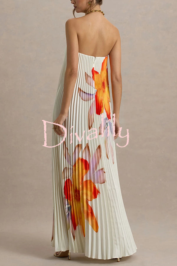 For Every Occasion Satin Pleated Floral Print V-wire Bandeau Neck Maxi Dress