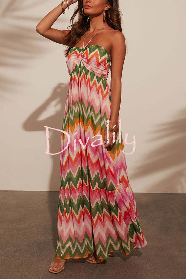 Colorful Zigzag Pattern Halter Backless Pleated Holiday Maxi Dress