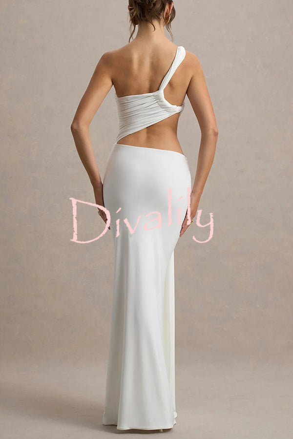 Sexy One-shoulder Backless Ribbon Pleated Slim Maxi Dress