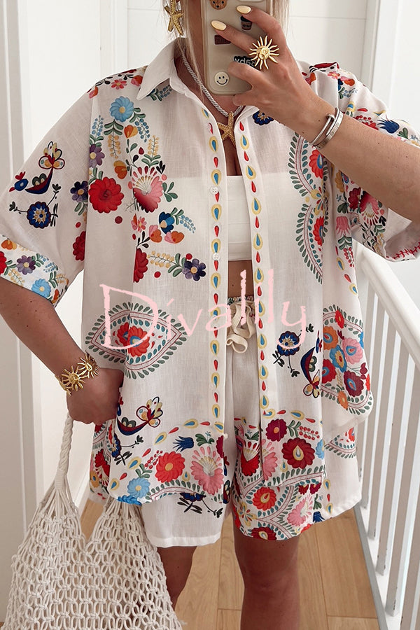 Linen Blend Floral Print Short Sleeve Loose Shirt and Elastic Waist Tie Casual Shorts Set