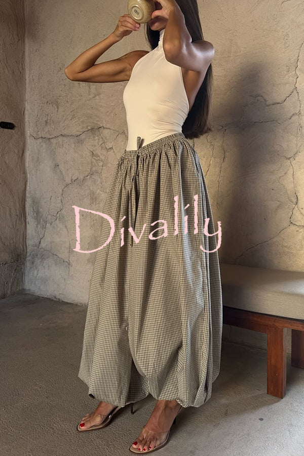 Fashion Plaid Print Elastic Waist Pocket Loose Wide-leg Pants