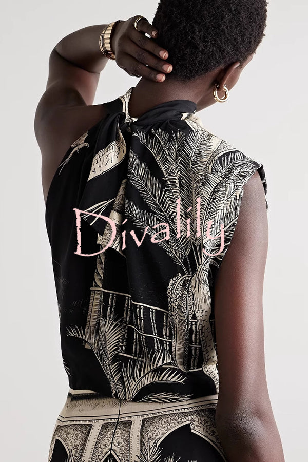 Satin Botanical Print Sleeveless Lounge Top and Midi Skirt Set