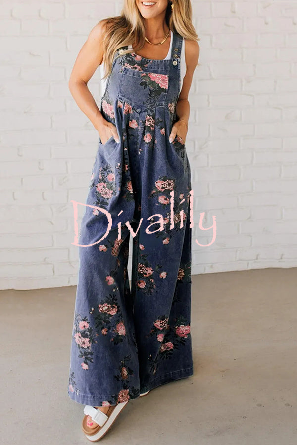 Fashion Floral Print Casual Button Pocket Loose Denim Overalls