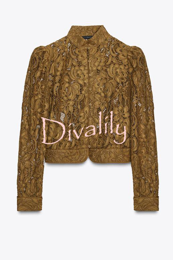 Palace Style Crochet Flower Lace Stand Neck Button Puff Sleeve Jacket