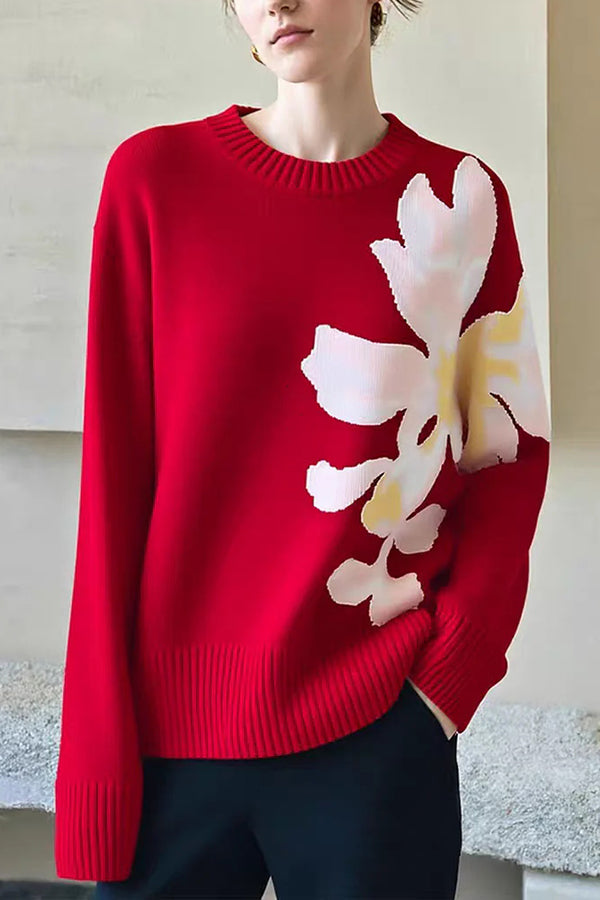 Fashionable Color-blocked Floral Loose Long-sleeved Knit Sweater